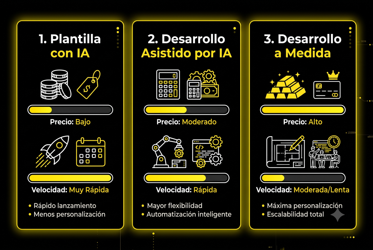 Comparativa de precio y velocidad entre plantilla con IA, desarrollo a medida asistido por IA y desarrollo totalmente a medida