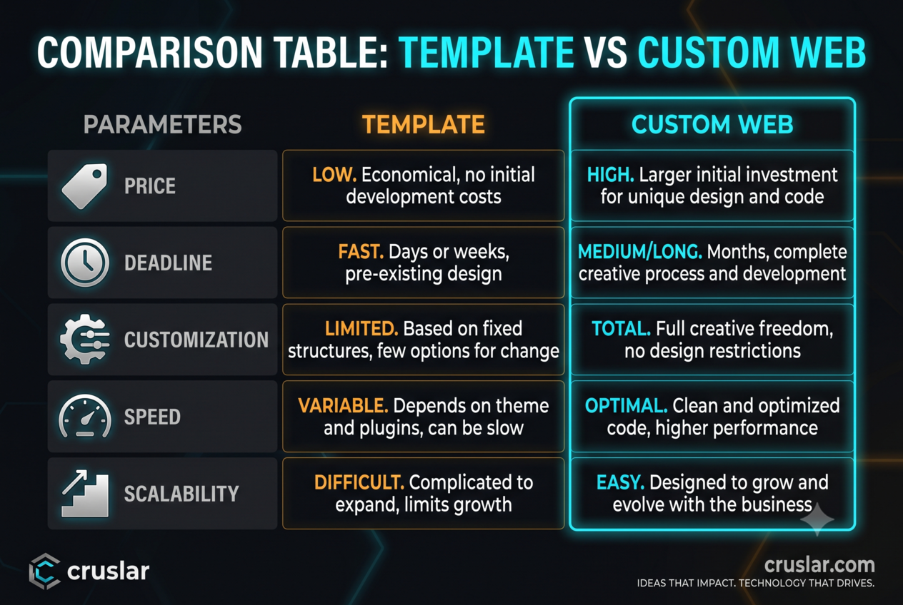Custom website vs template comparison on price, timeline and scalability