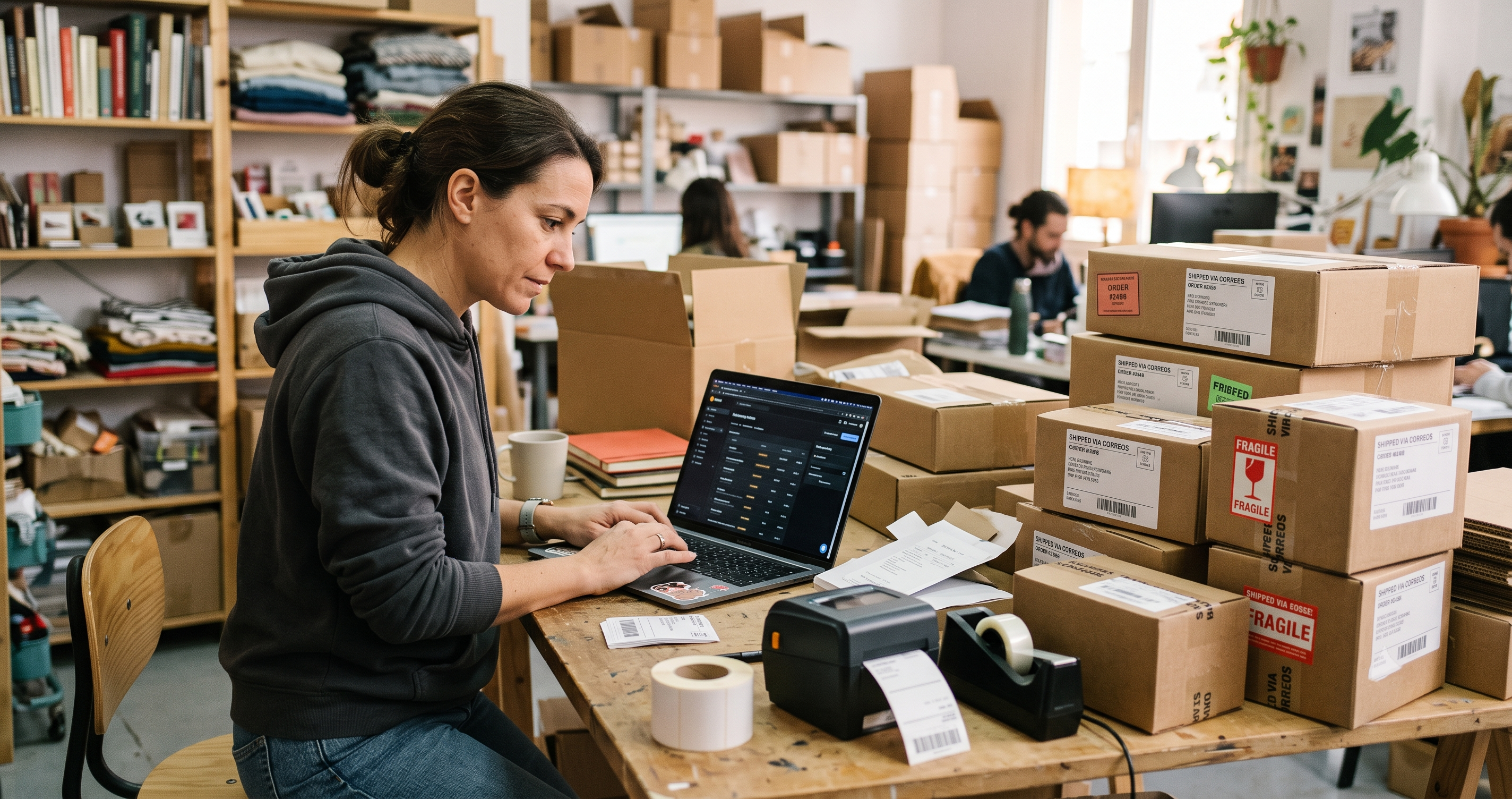 A small business owner packing an order from her newly launched online store