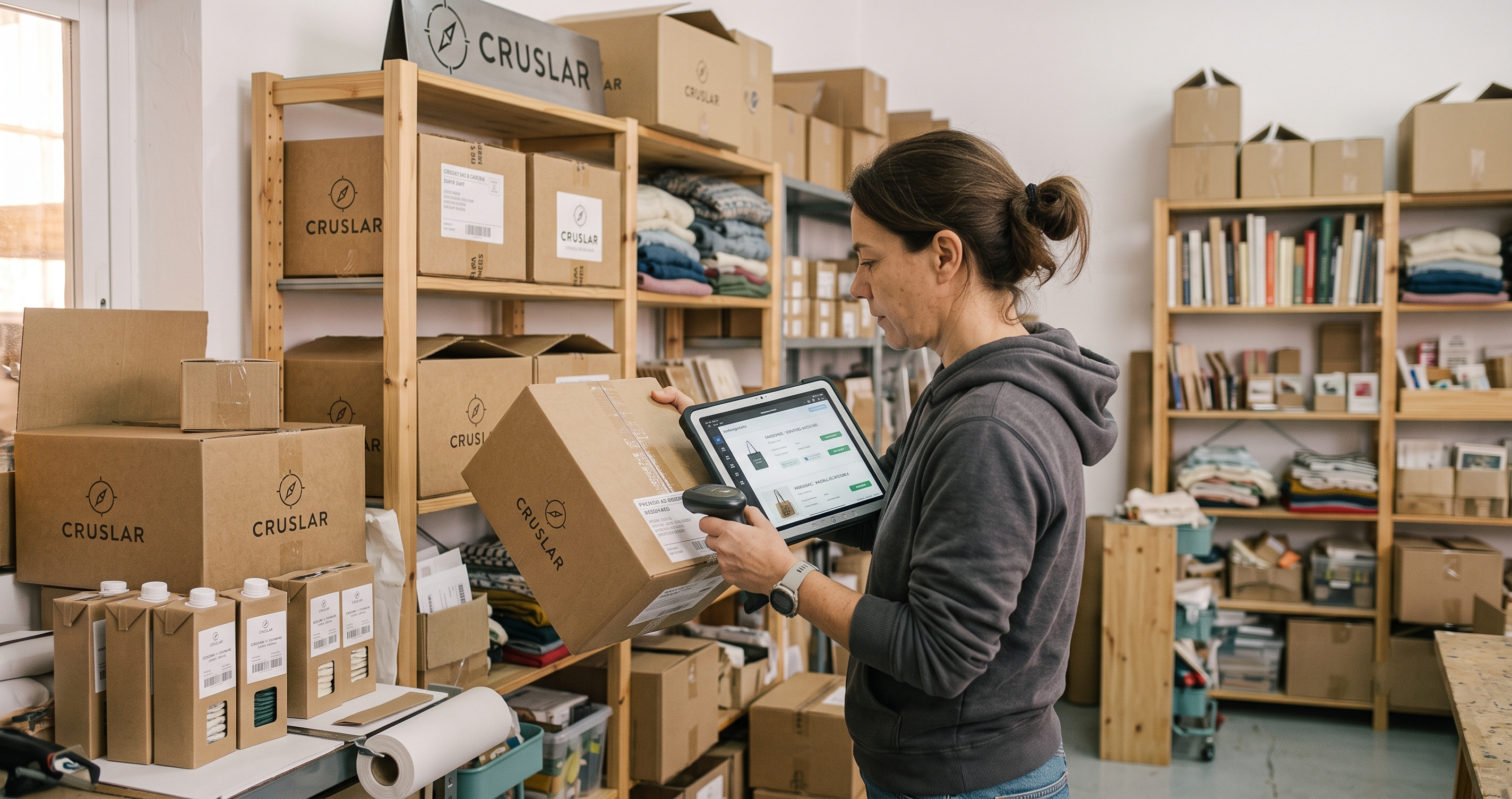 A person checking warehouse inventory with a tablet in hand