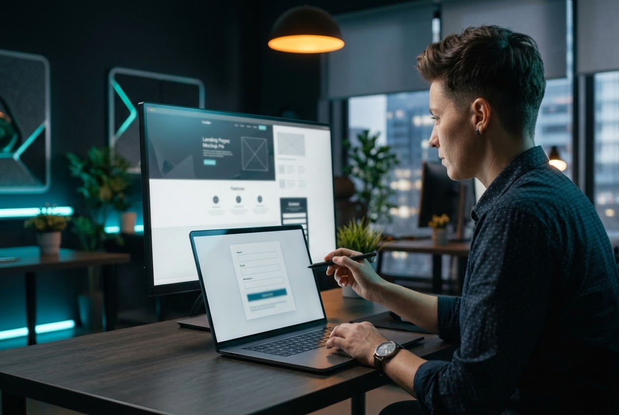 Person reviewing a landing page's lead form on their laptop
