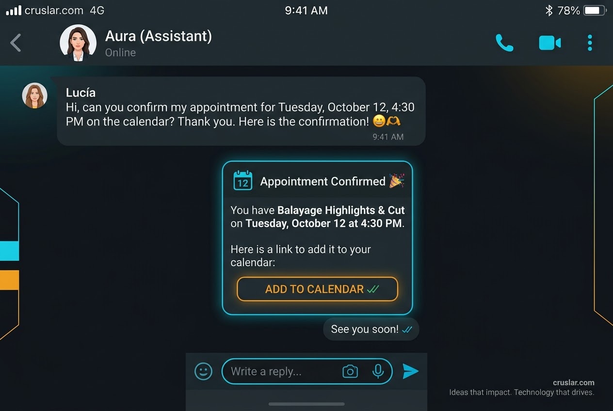 Screenshot of a WhatsApp conversation where Aura by Cruslar replies and confirms an appointment automatically