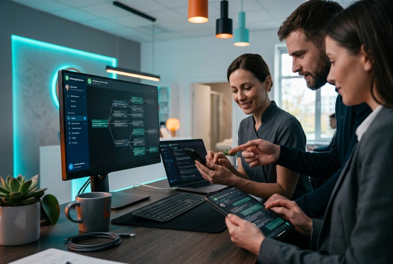 Cruslar team reviewing a WhatsApp assistant's conversation flow