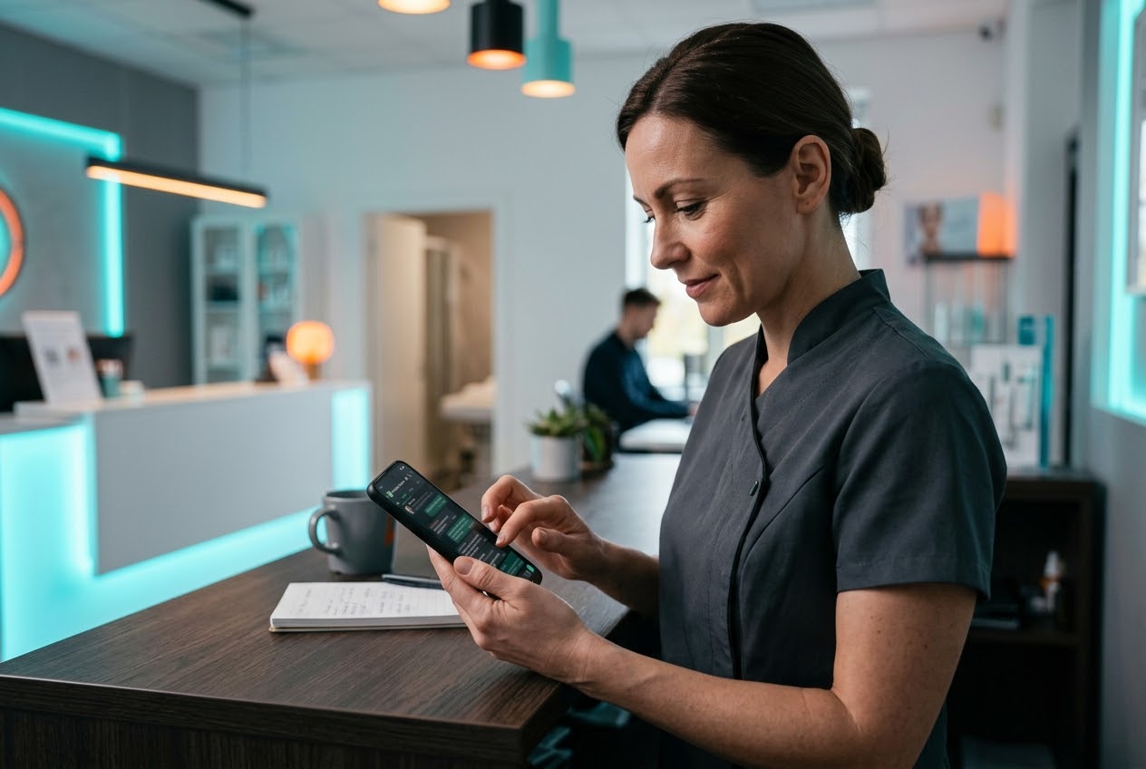 Business owner replying to a customer on WhatsApp from her phone