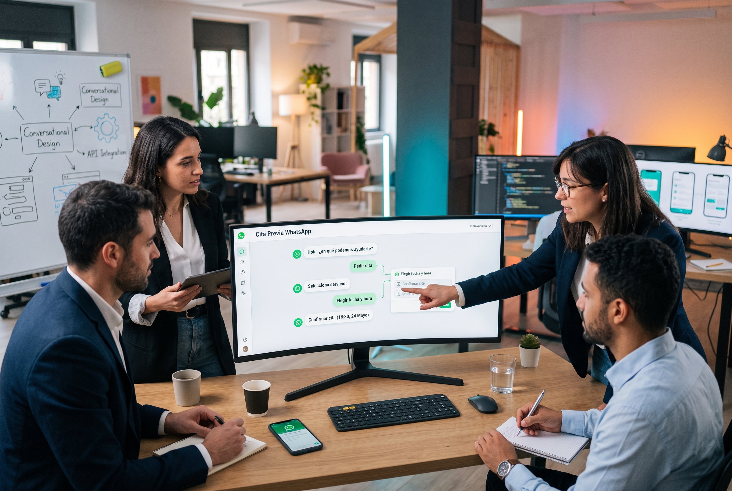 Equipo de Cruslar revisando el flujo de conversación de un asistente de WhatsApp para citas