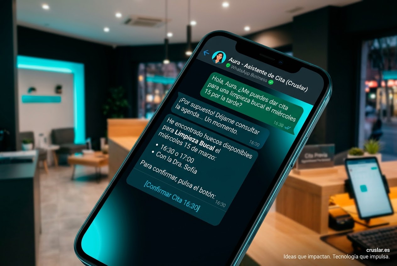 Captura de una conversación de WhatsApp donde el asistente Aura confirma una cita tras entender la petición del cliente