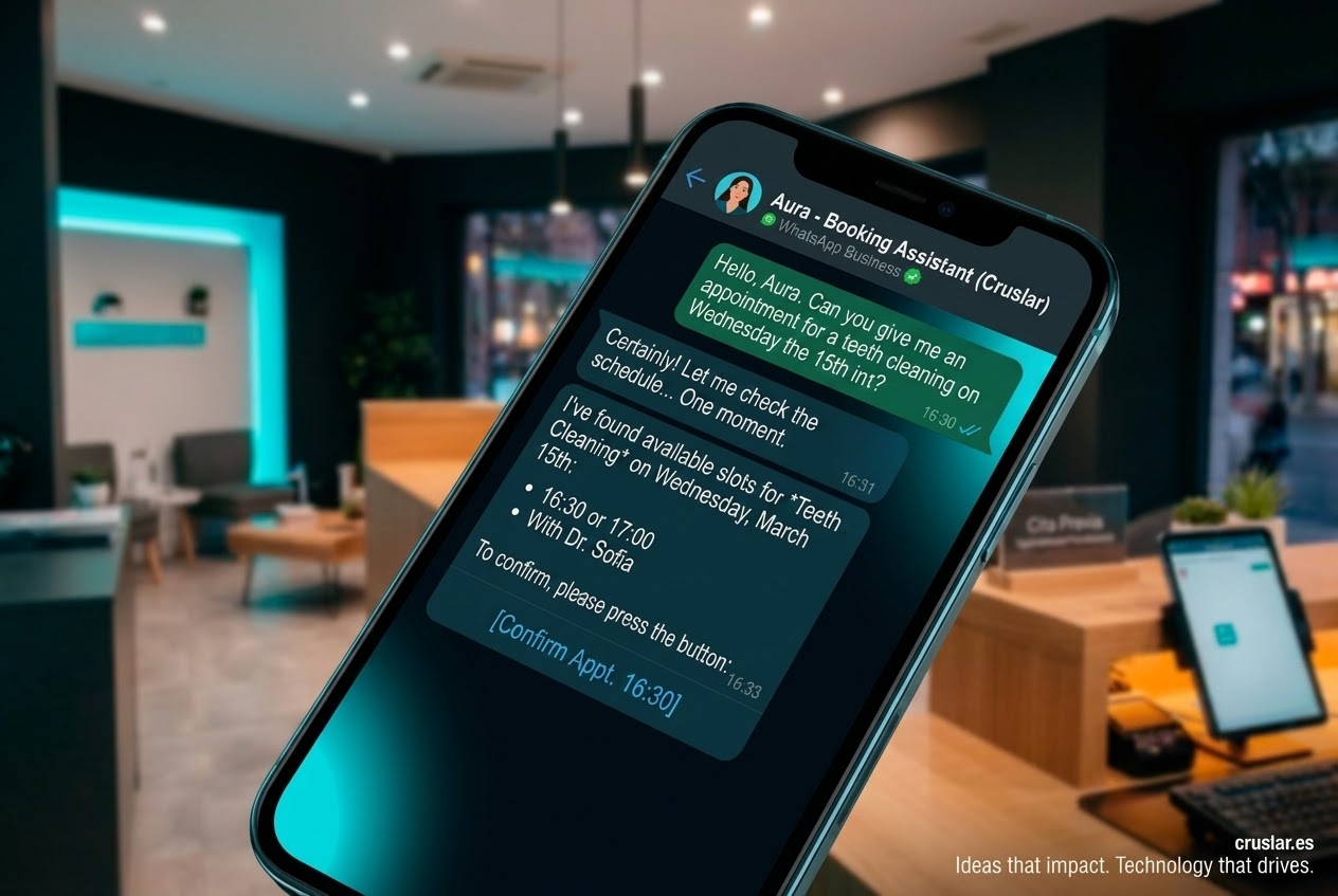 Screenshot of a WhatsApp conversation where the Aura assistant confirms a booking after understanding the customer's request