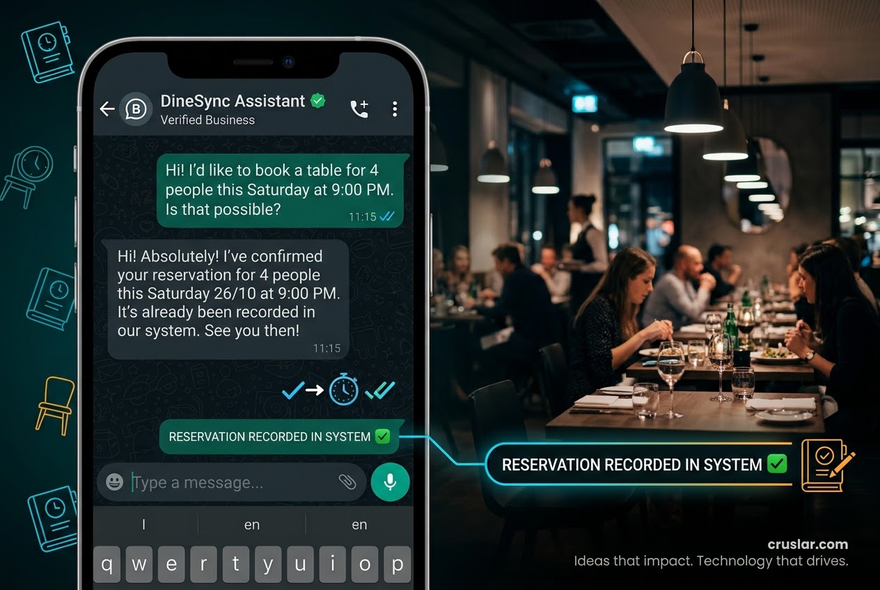 Screenshot of a WhatsApp conversation where the DineSync assistant confirms a table reservation